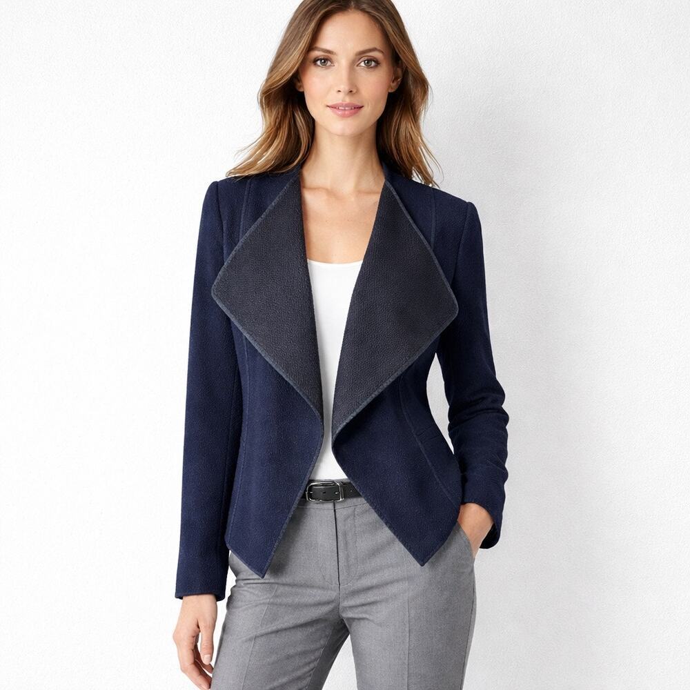 Vince womens navy asymmetrical cotton blend boucle pebbled jacket open blazer M